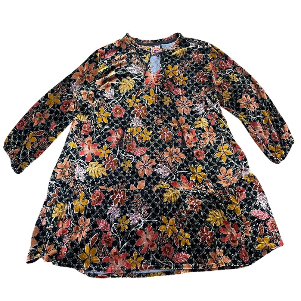 Johnny Was Jasmoon Floral Tiered Velvet Silk Blend Dress 3X Long Sleeve Tassel